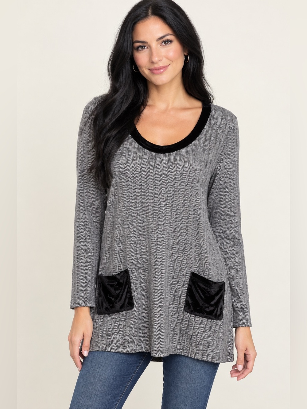Soft Surroundings Gray Chevron Long-Sleeve Tunic